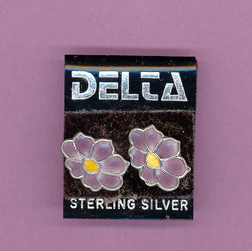 Sterling Silver With Cloisonne Lavender  Flowers With A Yellow Center