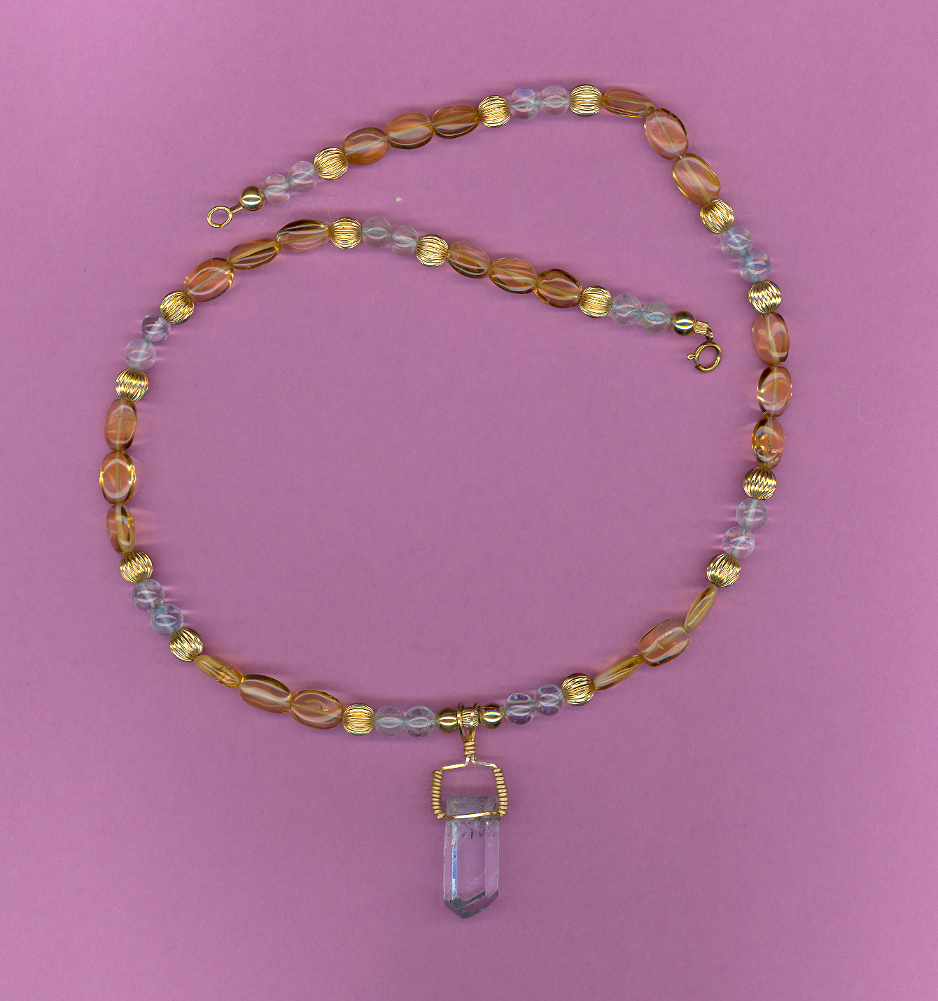 "Seer's Delight" 18" Necklace: Aquamarine, Citrine, Gold Fill Beads, & 12ct Aquamarine Pendant wrapped w/14kt