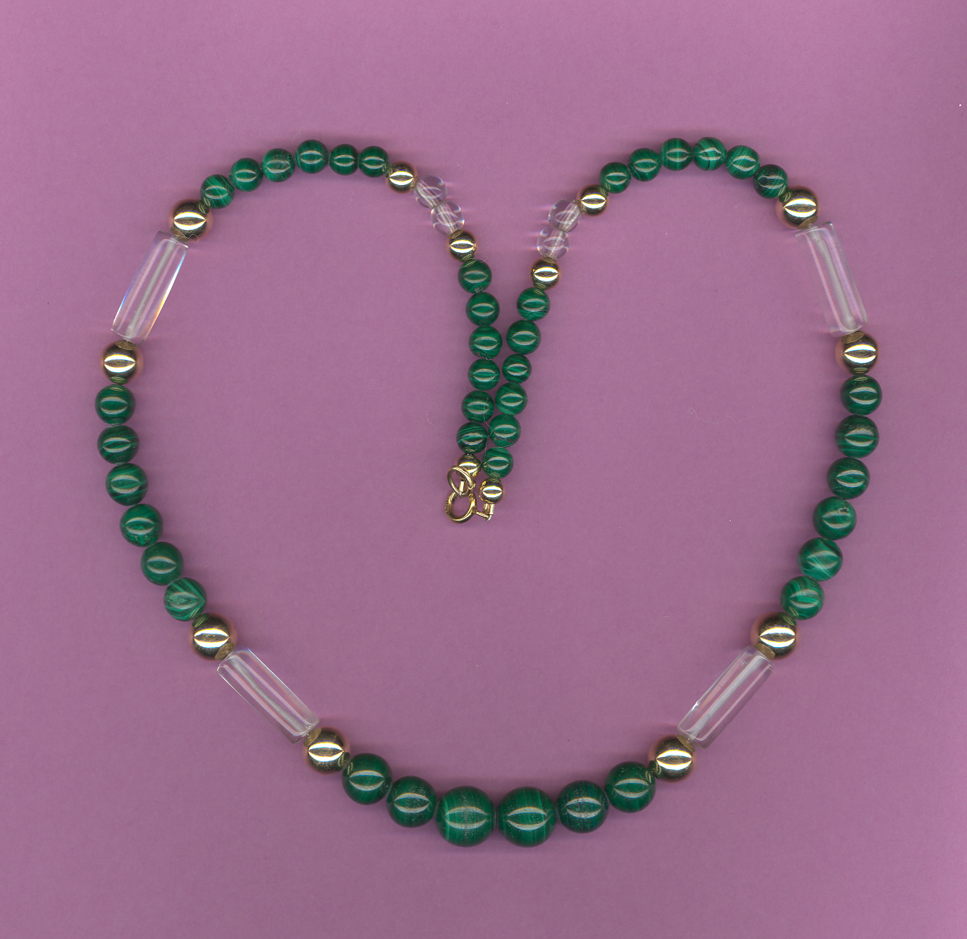 "Earth Strength" 19" Necklace: Graduated Malachite,Quartz, & Gold Fill Beads.