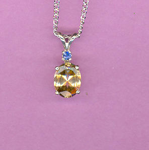 Silver w/ 1.5ct  9x7mm Oval  CITRINE w/ 2mm BLUE SAPPHIRE Accent On 18" S/S Chain