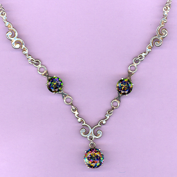 Sterling Silver 3 Stone MYSTIC  TOPAZ  Necklace featuring: 2-8mm, 2.3ct,  and 1-10mm 4.0ct MYSTIC  TOPAZ  - 19" overall length.