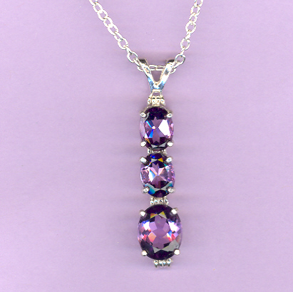 Silver 3 Stone AMETHYST  Pendant featuring: 2-8x6mm, 1.4ct,  and 1-10x8mm 2.4ct AMETHYSTS on an 18" Silver Chain