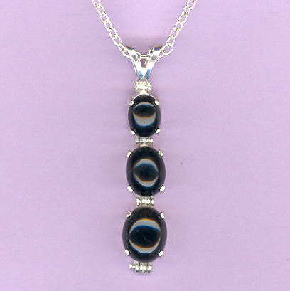 Sterling Silver 3 Stoone Necklace featuring an 8x6mm, a 9x7mm and a 10x8mm  BLACK ONYX Cabochon on an 18" Silver Chain