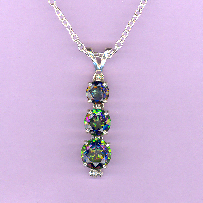 Sterling Silver 3 Stone MYSTIC  TOPAZ  Pendant featuring: a 6mm .9ct,  a 7mm 1.4ct, and an 8mm 2.4ct  MYSTIC  TOPAZ on an 18" Silver Chain