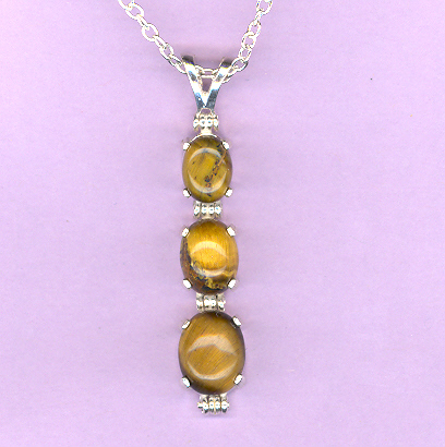 Sterling Silver 3 Stone Necklace featuring an 8x6mm, a 9x7mm and a 10x8mm  TIGERSEYE Cabochon on an 18" Silver Chain