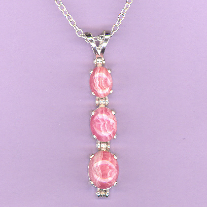 Sterling Silver 3 Stone Necklace featuring an 8x6mm, a 9x7mm and a 10x8mm  RHODOCHROSITE Cabochon on an 18" Silver Chain